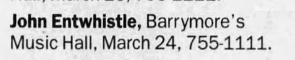 Newspaper listing for John Entwistle's show on March 24, 1996