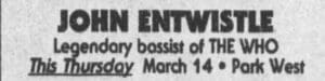 ad for John Entwistle's March 14, 1996 concert