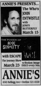 Ad for John Entwistle's March 15, 1996 concert at Annie's in Cincinnati, Ohio