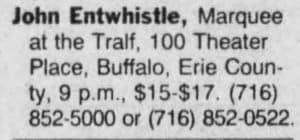 Newspaper listing for John Entwistle's March 22, 1996 concert