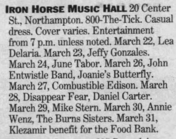 Newspaper listing for John Entwistle's March 26, 1996 concert