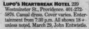 Newspaper listing for John Entwistle's March 29, 1996 concert