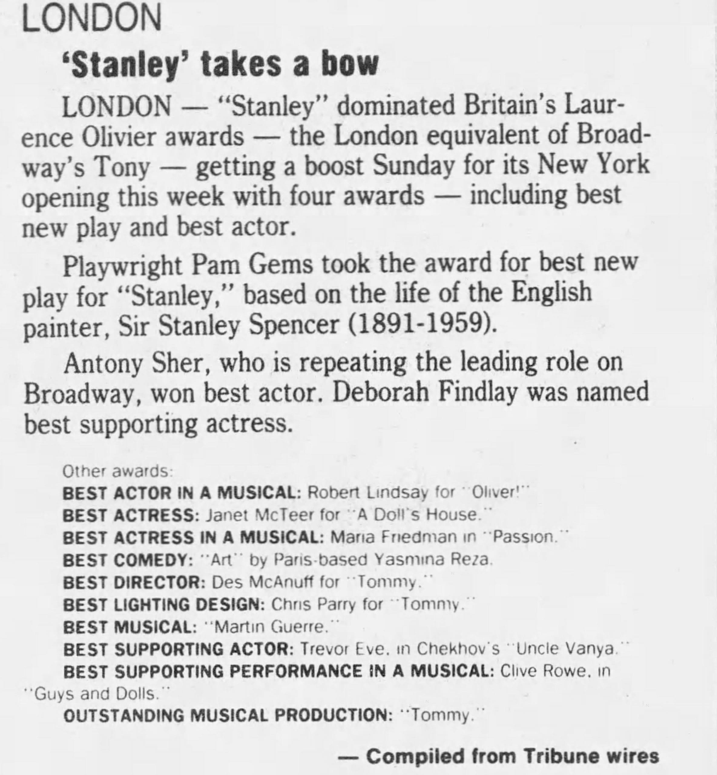 Tampa Tribune's coverage of the Laurence Olivier Awards presented on February 16, 1997