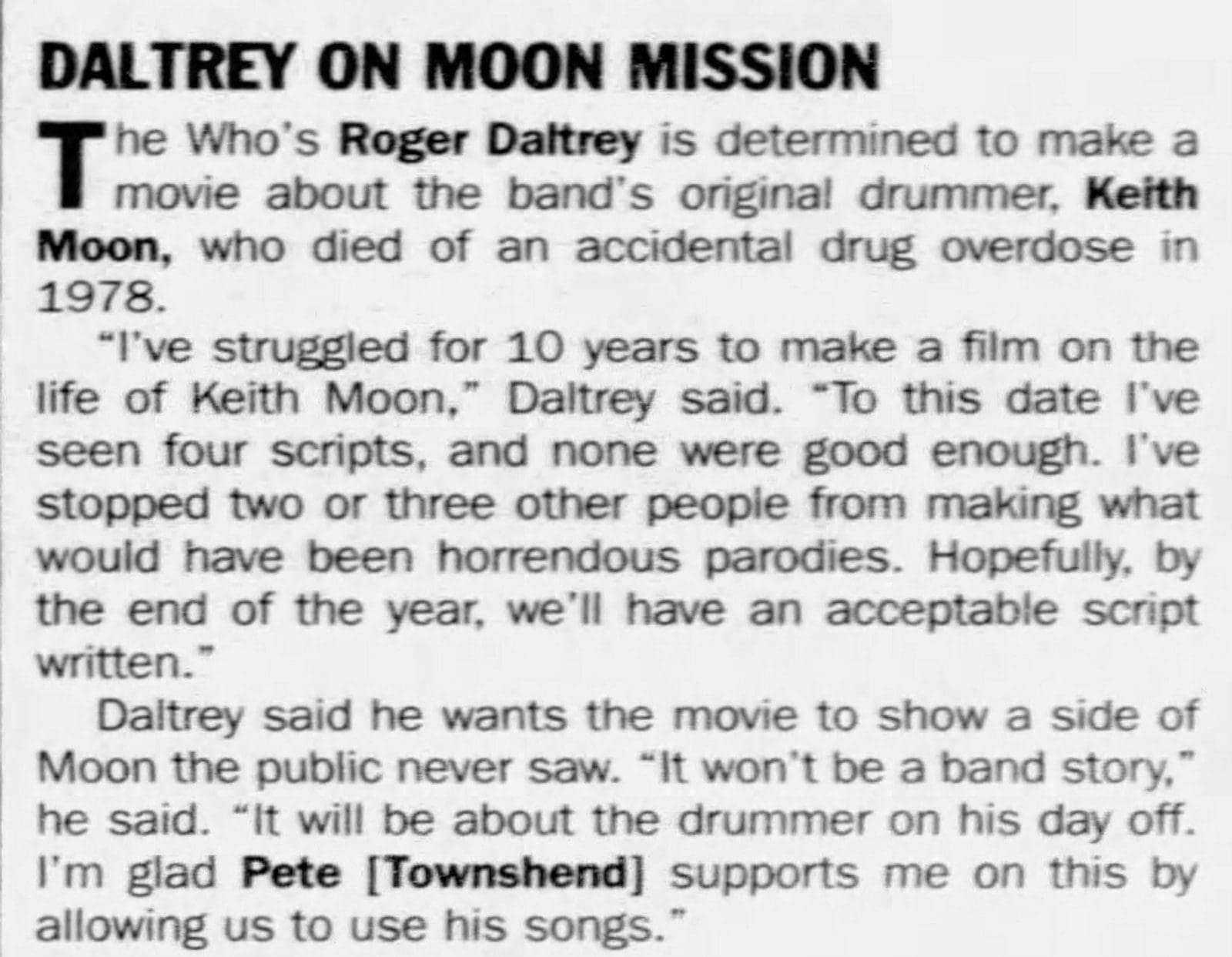 Newspaper clip about the April 10, 2000 news on Keith Moon movie