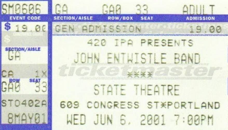 Ticket to John Entwistle's June 6, 2001 concert