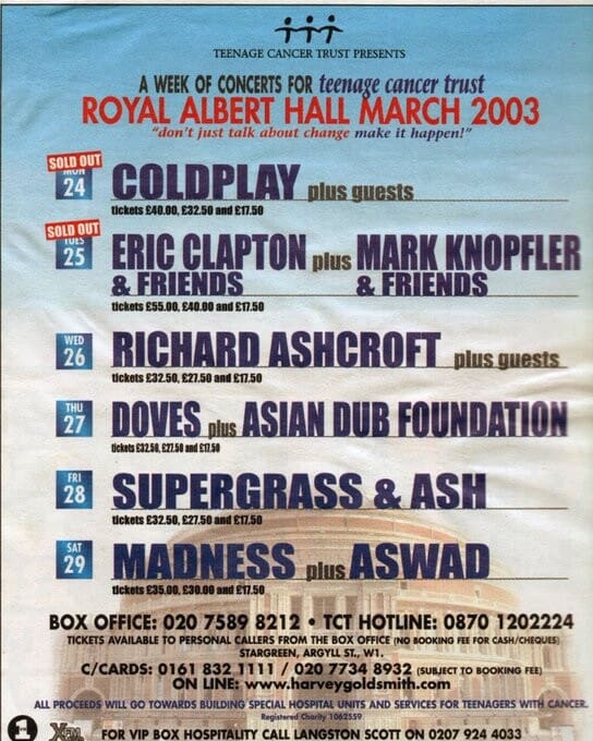 Flyer for the 2003 Teenage Cancer Trust concerts at Royal Albert Hall