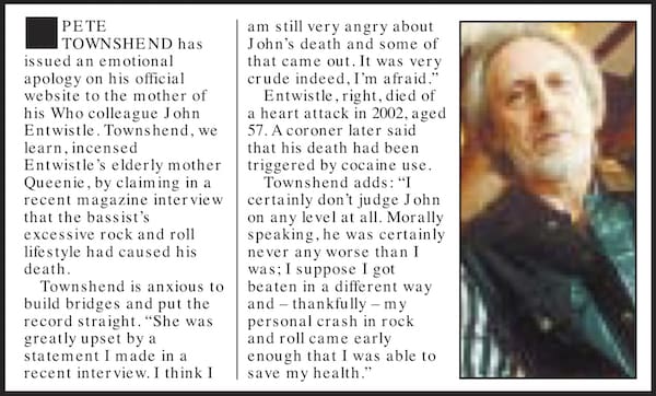 Daily Express coverage of Pete's apology to John's mother on April 10, 2004