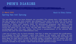 Screenshot of Pete Townshend's diary entry on petetownshend.co.uk from March 21, 2005