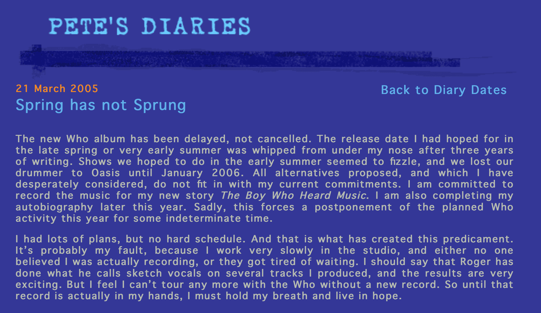 Screenshot of Pete Townshend's diary entry on petetownshend.co.uk from March 21, 2005
