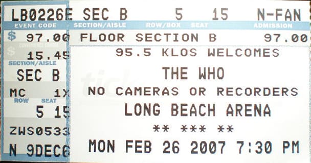 Ticket for The Who's February 26, 2007 concert