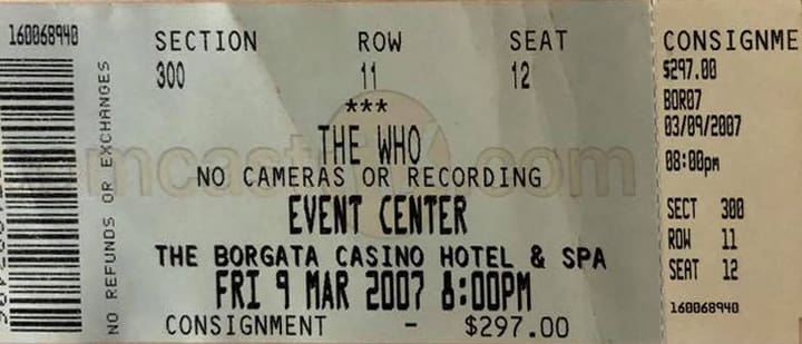 Ticket for The Who's March 9, 2007 concert
