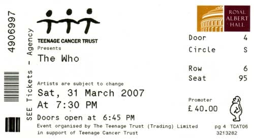 Ticket for The Who's March 31, 2007 concert