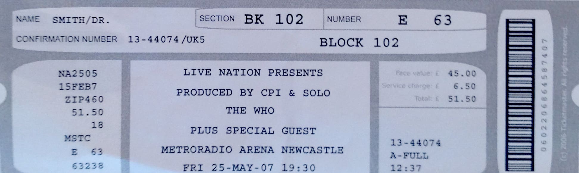 Ticket to The Who's May 25, 2007 concert