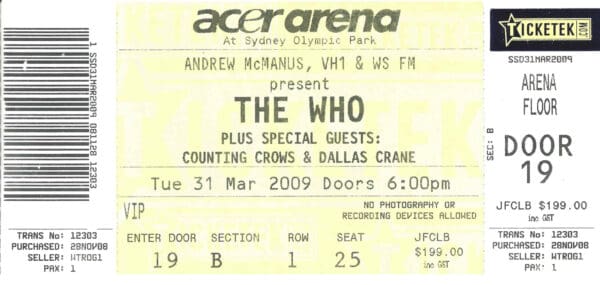 Ticket to The Who's March 31, 2009 concert