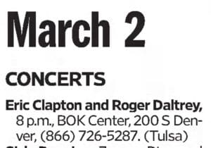 Newspaper clip announcing Eric Clapton and Roger Daltrey on March 2, 2010