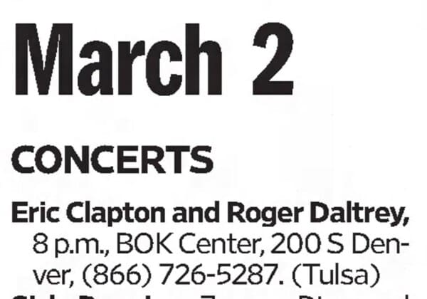Newspaper clip announcing Eric Clapton and Roger Daltrey on March 2, 2010