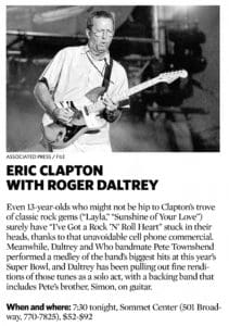 The Tennessean preview of Eric Clapton's February 27. 2010 concert with Roger Daltrey opening