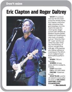 Newspaper mention of Roger Daltrey opening for Eric Clapton on March 13, 2010