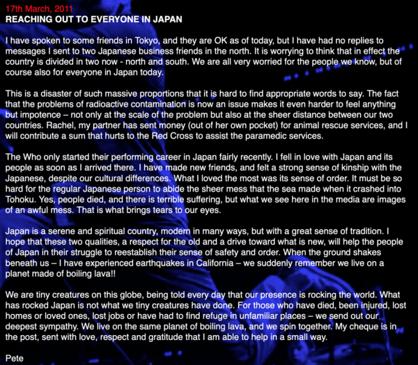 Screenshot of Pete Townshend's blog entry from March 11, 2011