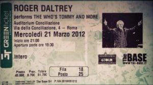Ticket for Roger Daltrey's March 21, 2012 concert in Rome