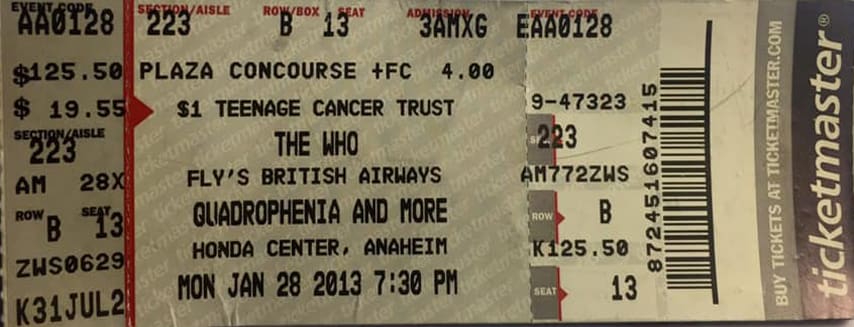 The Who concert ticket for January 28, 2013 at Honda Center in Anaheim California