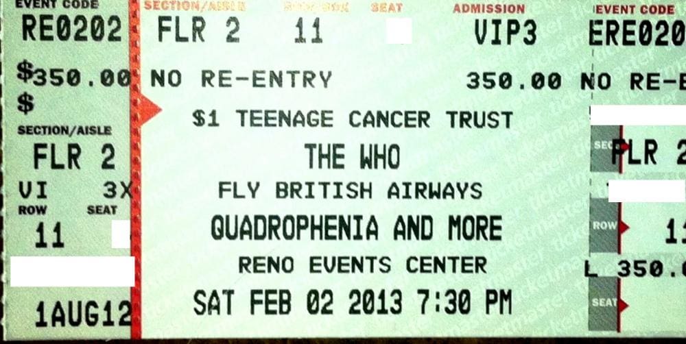 Ticket from The Who's February 2, 2013 show in Reno, Nevada
