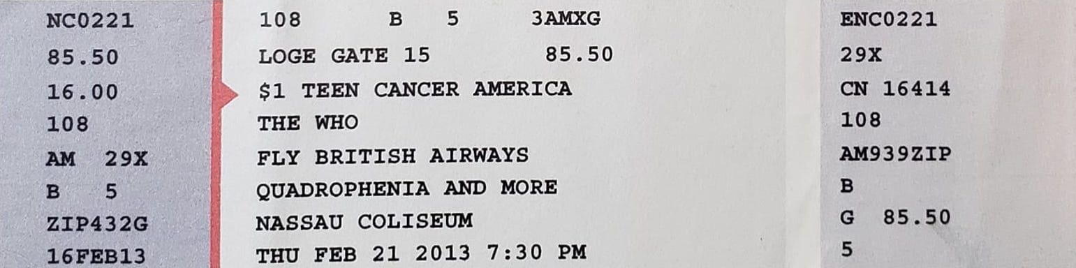 Ticket for The Who's February 21, 2013 concert