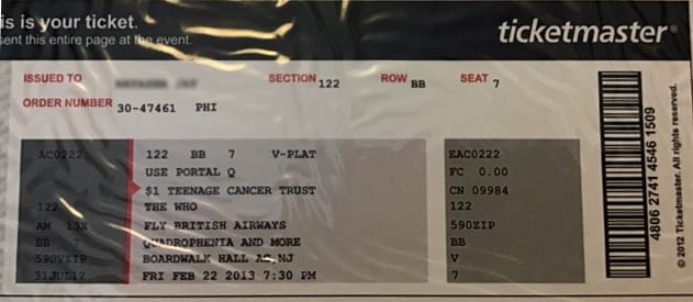 Ticket for The Who's February 22, 2013 concert