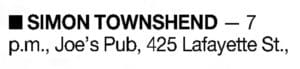 Newspaper mention of Simon Townshend at Joe's Pub on February 27, 2013
