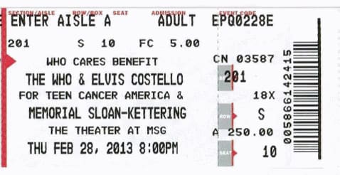 Ticket for "Who Cares" benefit concert on February 28, 2013