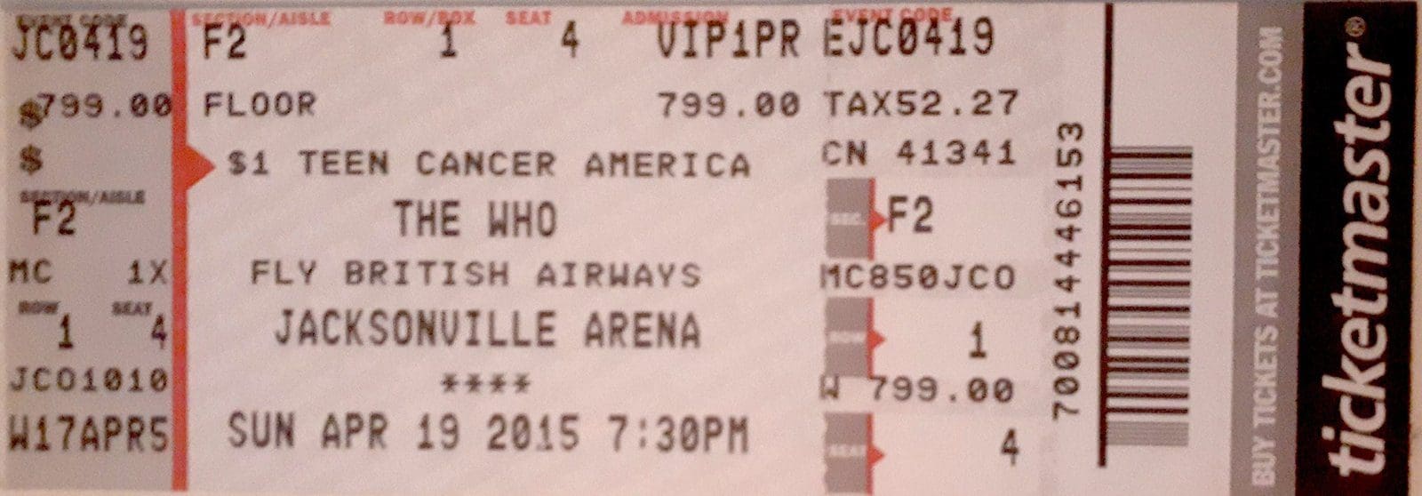 Ticket to The Who's April 19, 2015 concert