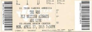 Ticket for The Who's April 27, 2015 concert in Austin, Texas