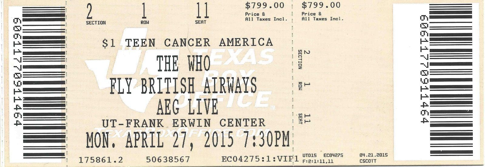 Ticket for The Who's April 27, 2015 concert in Austin, Texas
