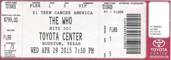 Ticket for The Who's April 29, 2015 concert