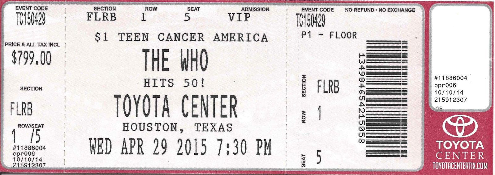 Ticket for The Who's April 29, 2015 concert