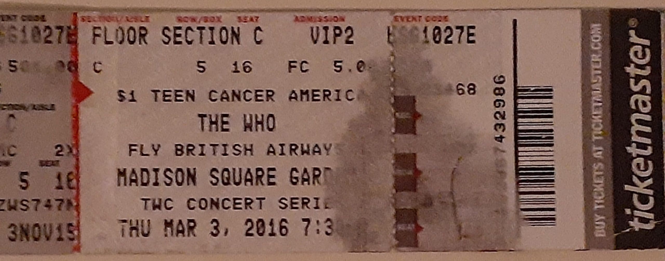 Ticket to The Who's March 3, 2016 concert