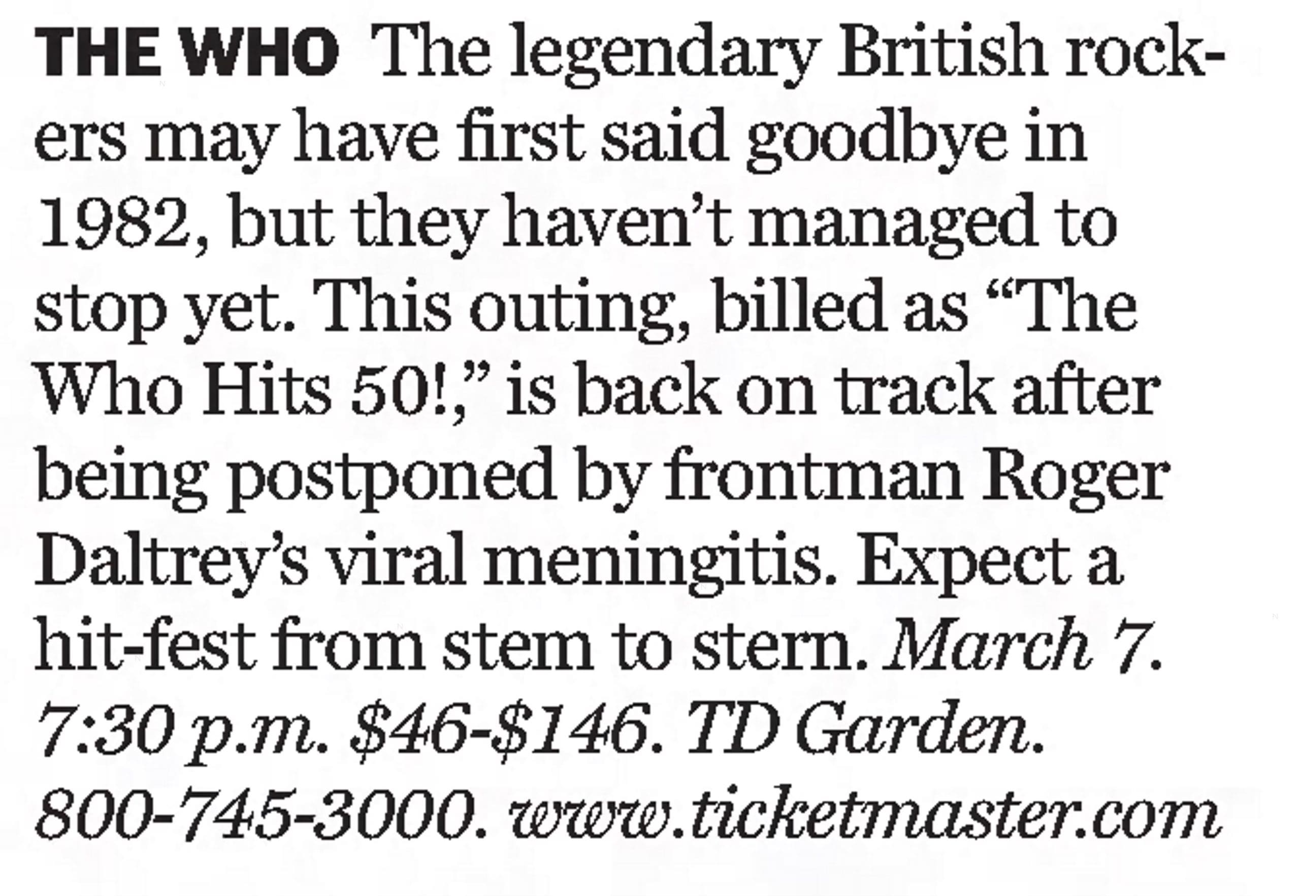 The Boston Globe's mention of The Who's March 7 2016 concert