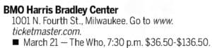 Newspaper listing for The Who's March 21, 2016 concert