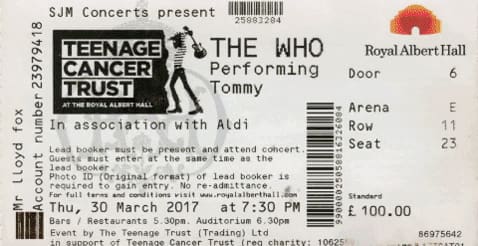 Ticket to The Who's March 30, 2017 concert