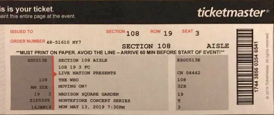 Ticket for The Who's May 13, 2019 concert at Madison Square Garden