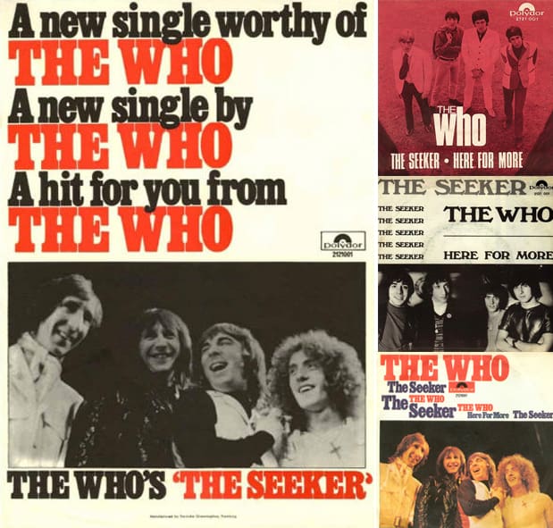 An ad and 3 different covers for The Who's single "The Seeker" backed with "Here For More"