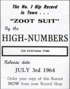 Ad for The High Numbers single "Zoot Suit", released on July 3, 1964